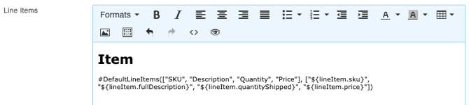 An image of an inserted pre-built block template in the Line Items section
