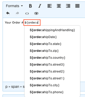 An image of a list of 10 variables available when typing ${order.s