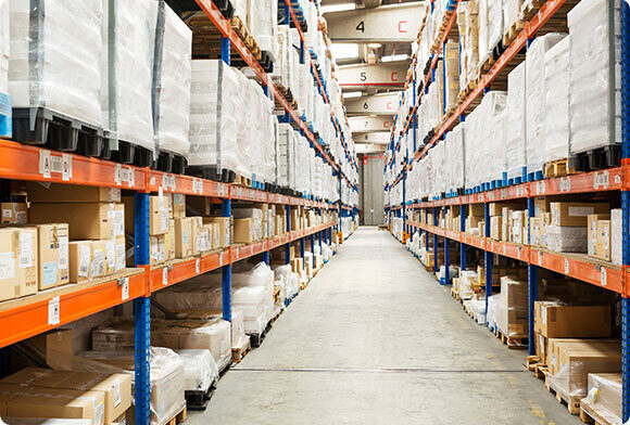 View of a warehouse with stocked shelves