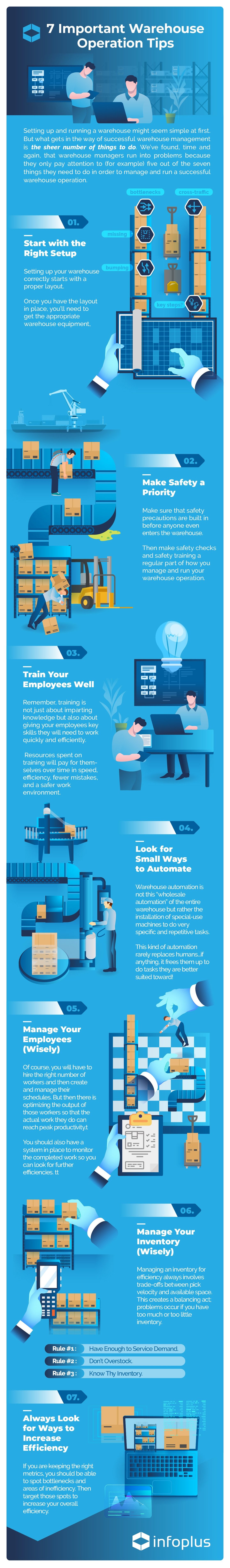 Infographic about 7 important warehouse operation tips for warehouse managers.