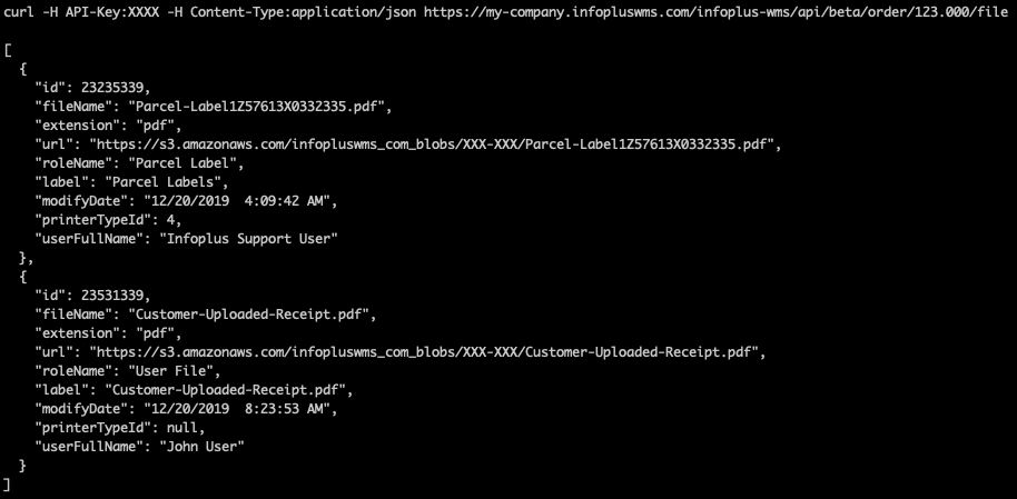 Infoplus WMS, sample of an API call listing for the parcel label and receipt uploaded by the customer as a user file.